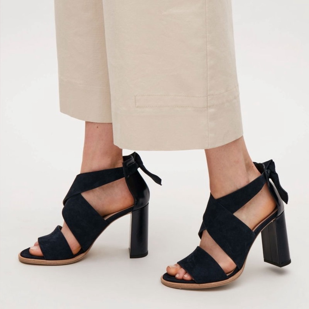 COS Tie Back Suede Heeled Sandals in Navy